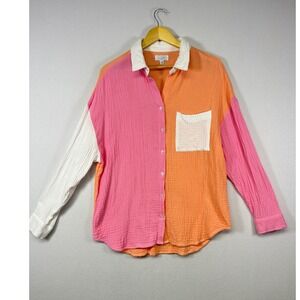 Coastal Boho Mud Pie Women S/M Pink Orange Colorblock Cotton Gauze Button Down